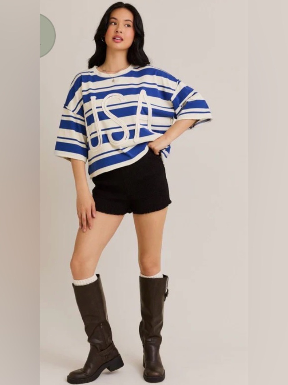 167. Le Lis Blue and White Striped 'USA' Oversized Sweatshirt
